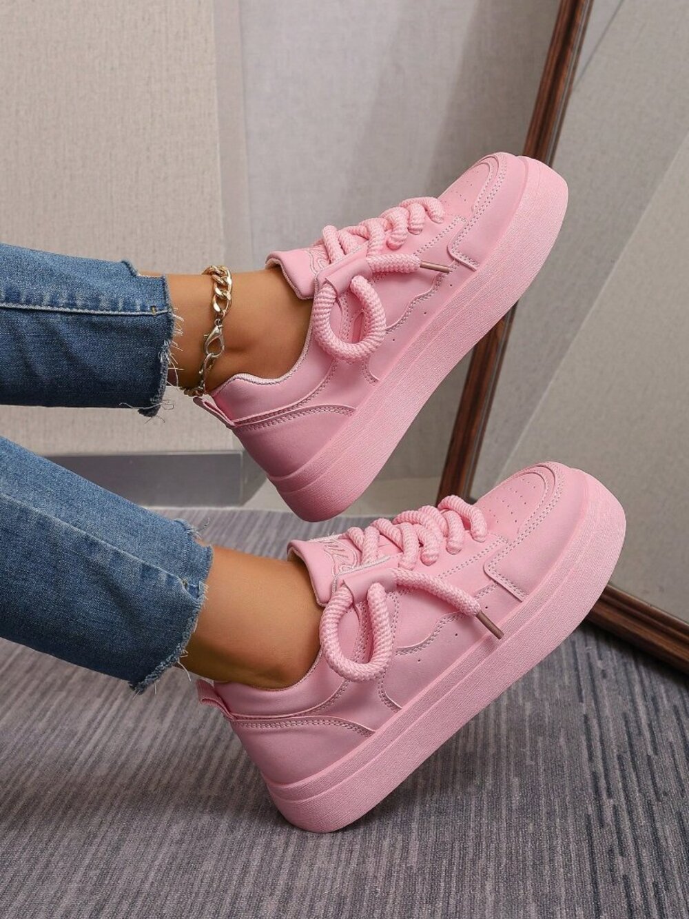 Pink Casual Women's Comfortable Lace-Up Sneakers - Picture 5 of 5